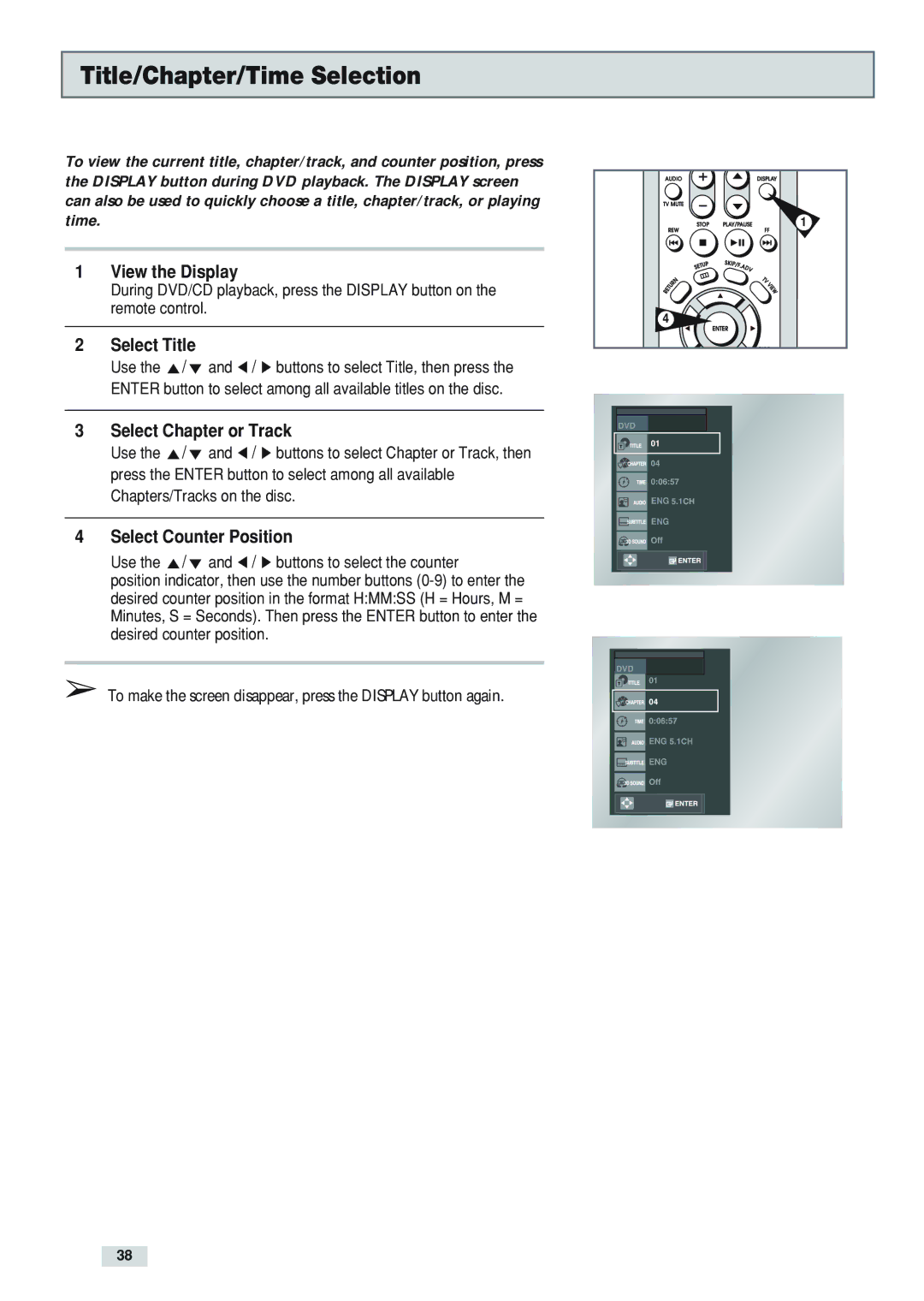 GoVideo DV3130 manual Title/Chapter/Time Selection, View the Display, Select Title, Select Chapter or Track 