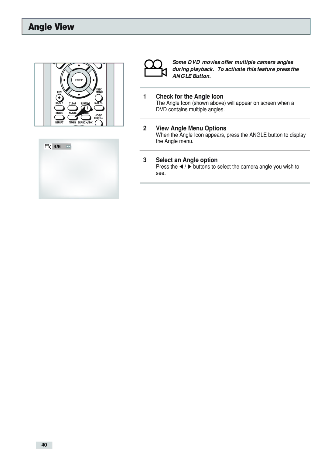 GoVideo DV3130 manual Angle View, Check for the Angle Icon, View Angle Menu Options, Select an Angle option 