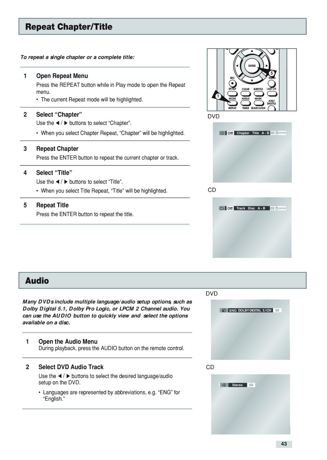 GoVideo DV3130 manual Repeat Chapter/Title, Audio 