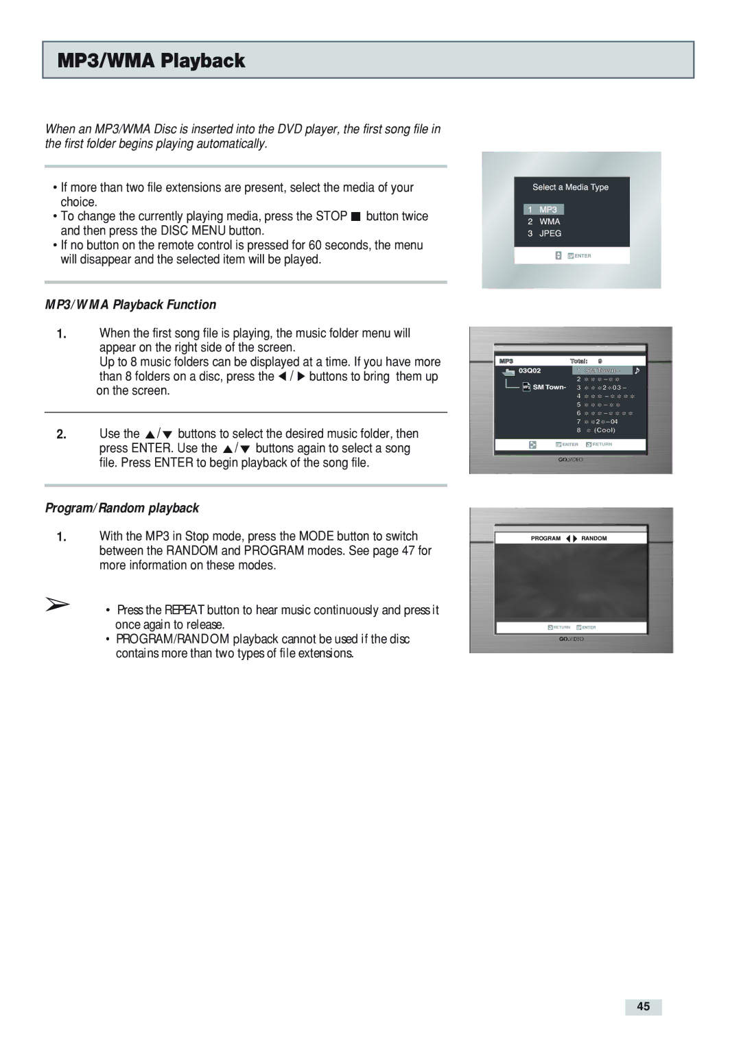 GoVideo DV3130 manual MP3/WMA Playback Function 