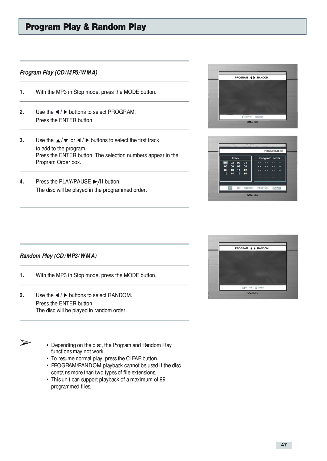GoVideo DV3130 manual Program Play & Random Play, Program Play CD/MP3/WMA 