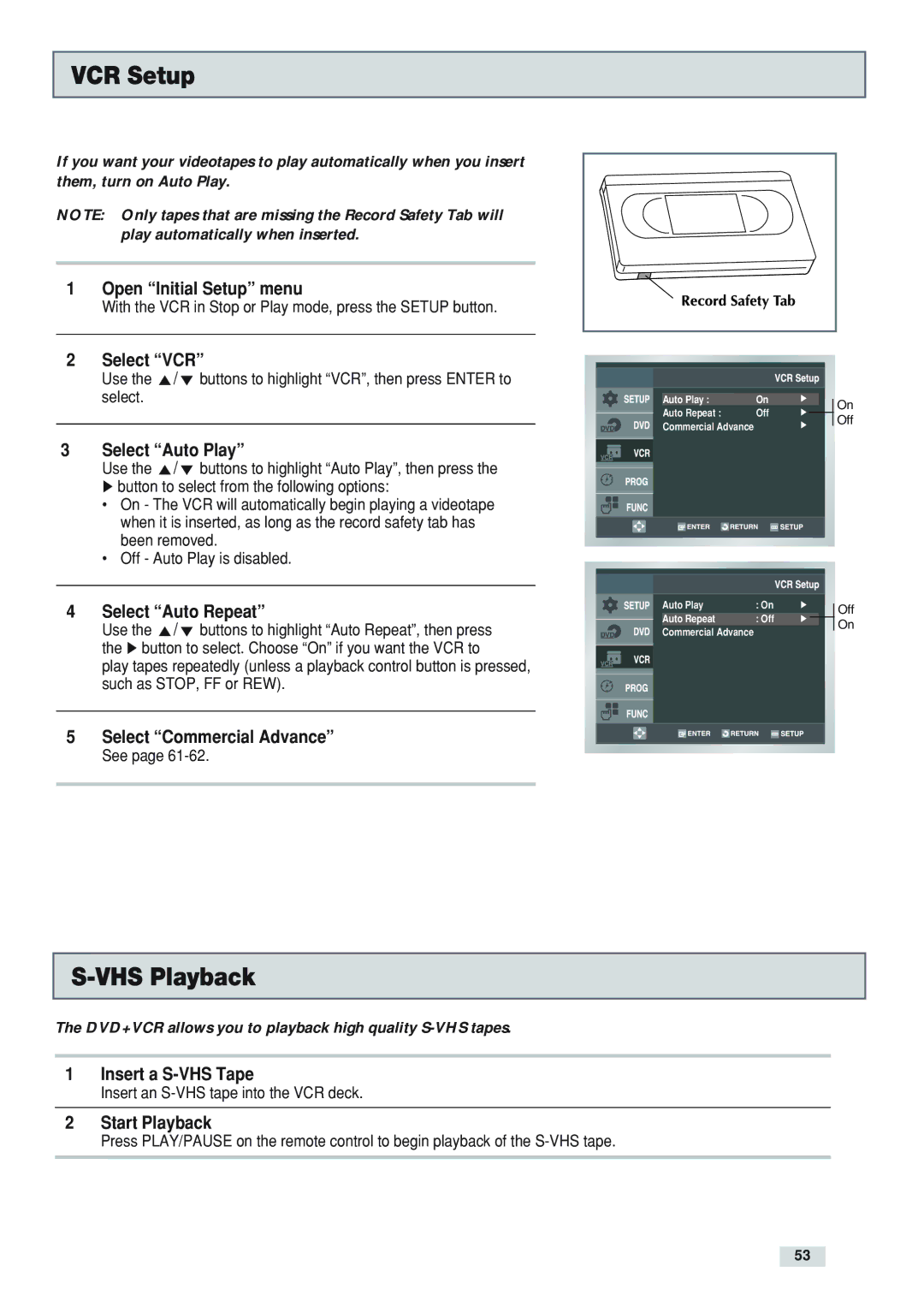 GoVideo DV3130 manual VCR Setup, VHS Playback 