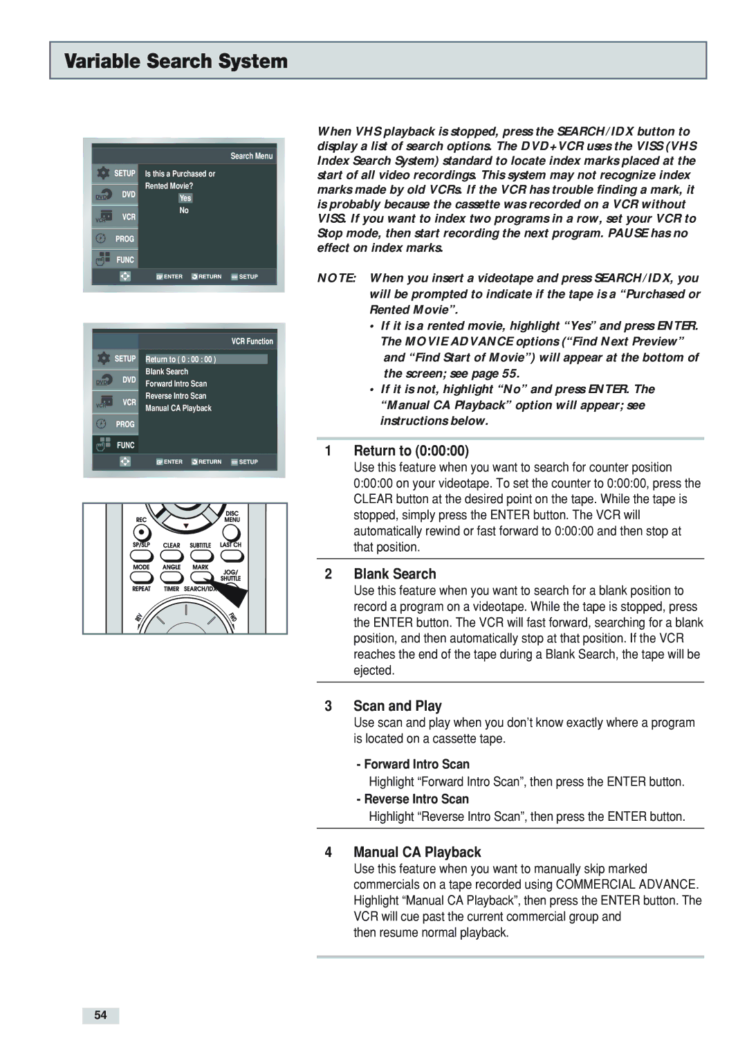 GoVideo DV3130 manual Variable Search System, Return to, Blank Search, Scan and Play, Manual CA Playback 