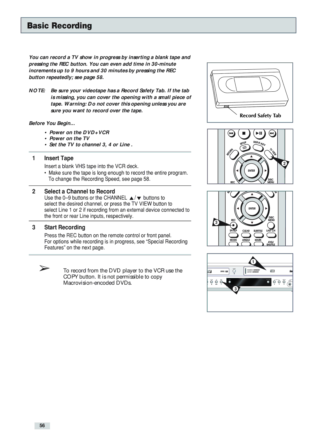 GoVideo DV3130 manual Basic Recording, Select a Channel to Record, Start Recording 