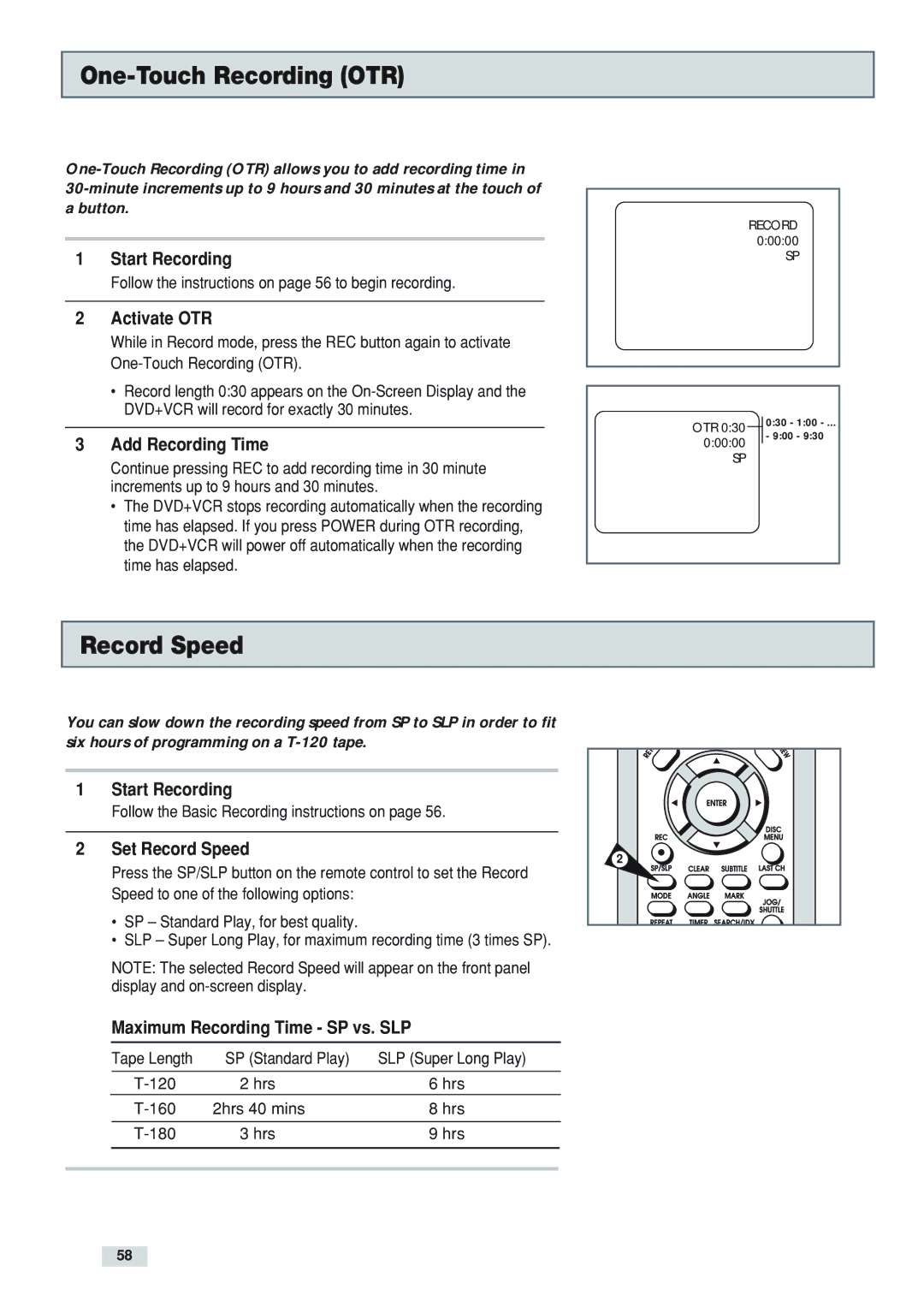 GoVideo DV3130 manual One-Touch Recording OTR, Activate OTR, Set Record Speed, Maximum Recording Time SP vs. SLP 