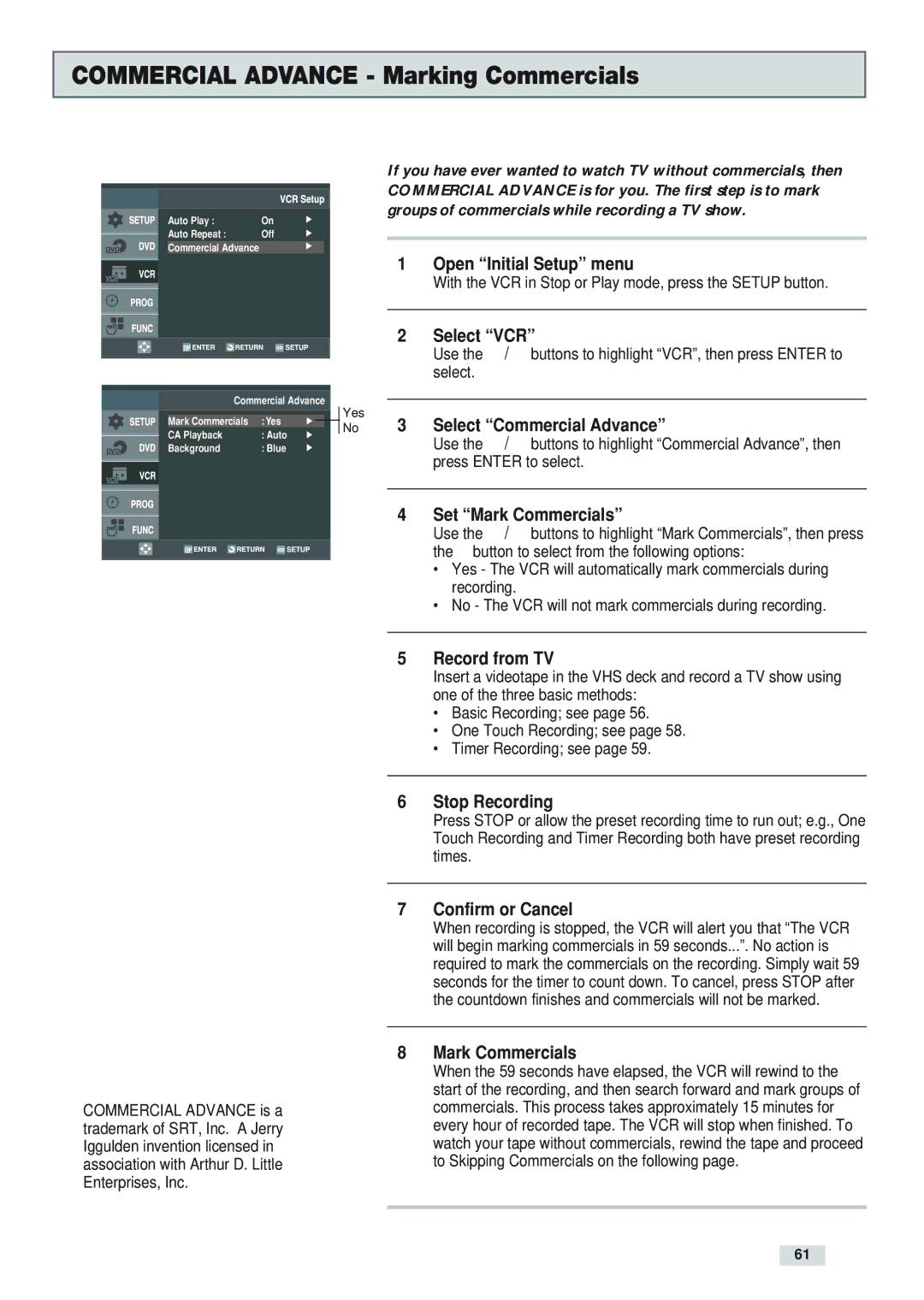 GoVideo DV3130 manual Commercial Advance Marking Commercials, Set Mark Commercials, Record from TV, Confirm or Cancel 