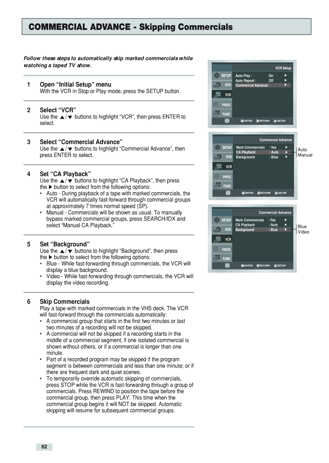 GoVideo DV3130 manual Commercial Advance Skipping Commercials, Set CA Playback, Set Background, Skip Commercials 