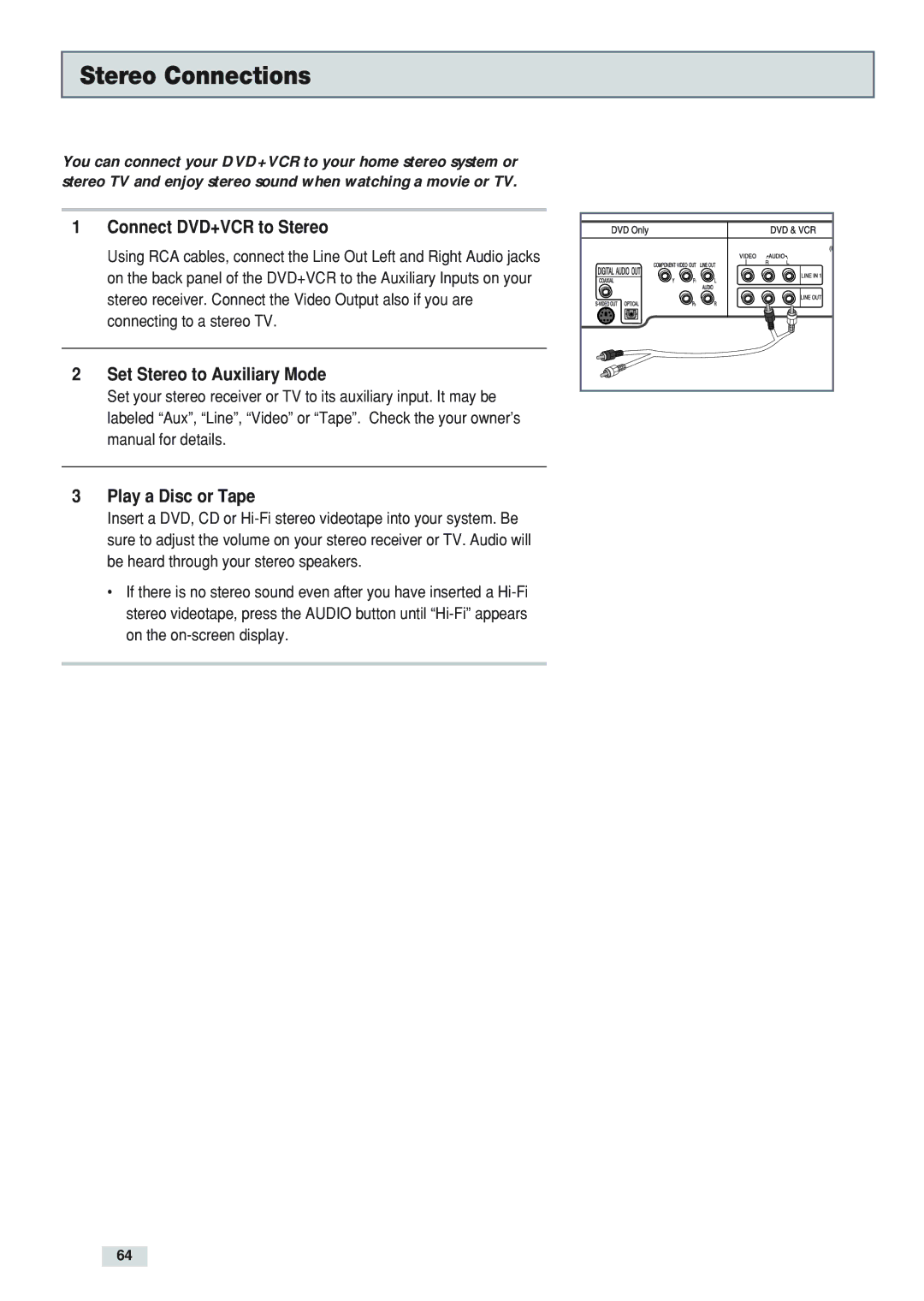 GoVideo DV3130 manual Stereo Connections, Connect DVD+VCR to Stereo, Set Stereo to Auxiliary Mode Play a Disc or Tape 