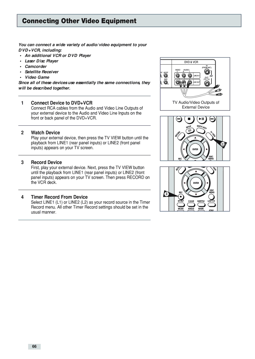 GoVideo DV3130 manual Connecting Other Video Equipment, Connect Device to DVD+VCR, Watch Device, Record Device 