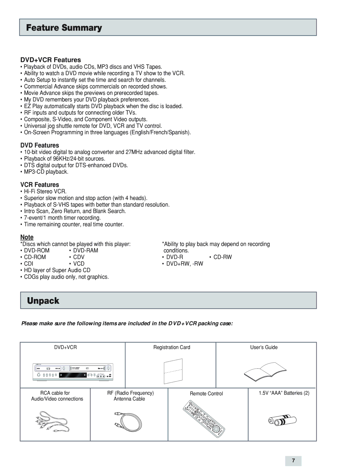 GoVideo DV3130 manual Feature Summary, Unpack, DVD+VCR Features, DVD Features 