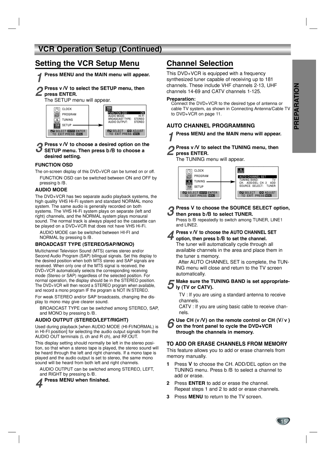 GoVideo DV3140 manual VCR Operation Setup Setting the VCR Setup Menu, Channel Selection 