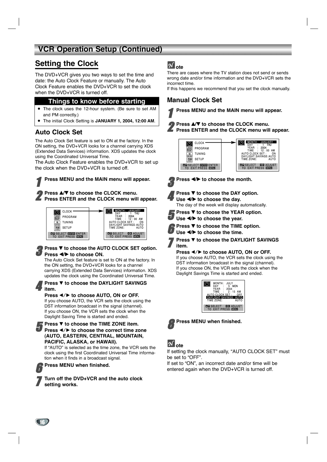 GoVideo DV3140 manual VCR Operation Setup Setting the Clock, Auto Clock Set, Manual Clock Set 