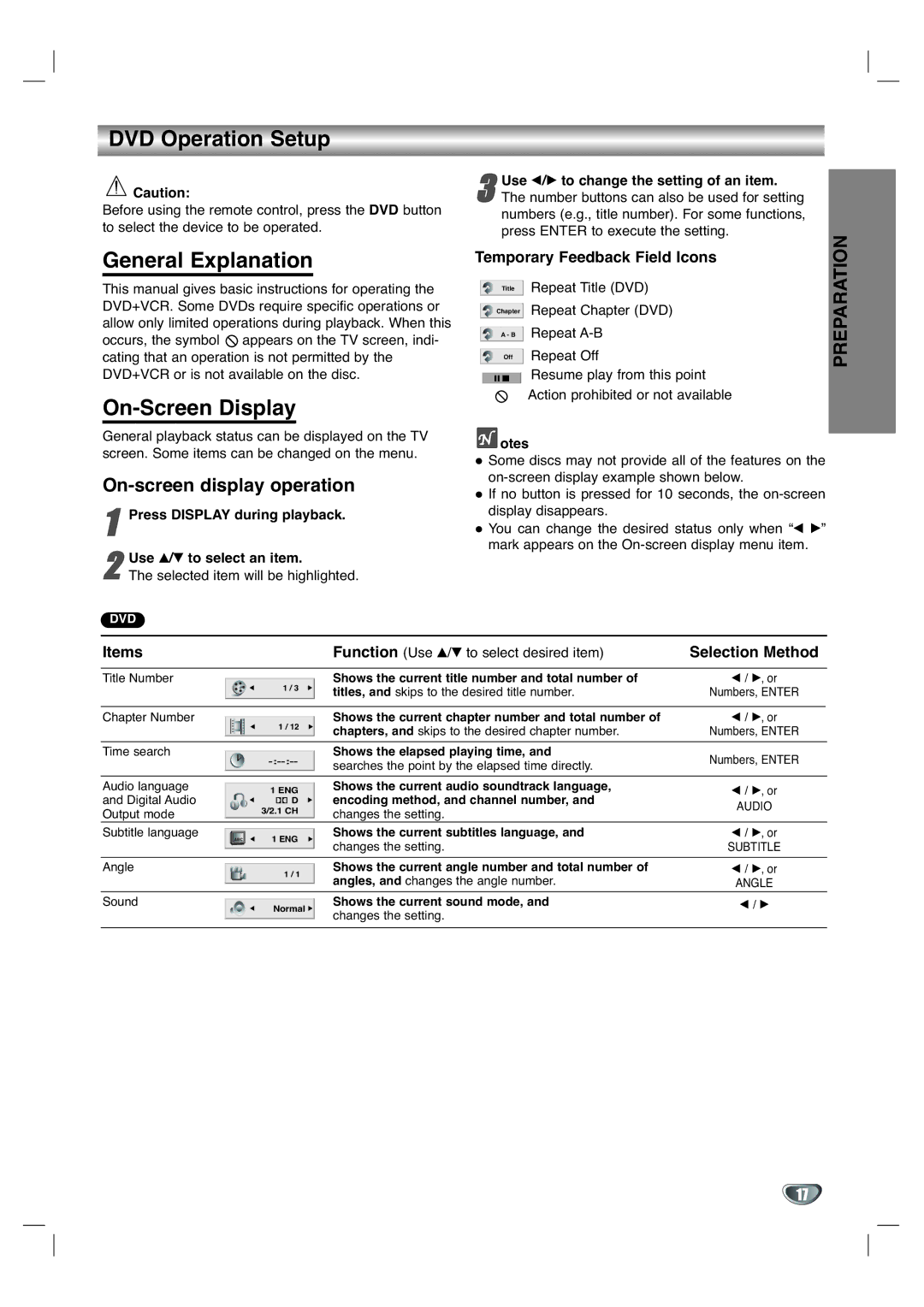 GoVideo DV3140 manual DVD Operation Setup, General Explanation, On-Screen Display, On-screen display operation 