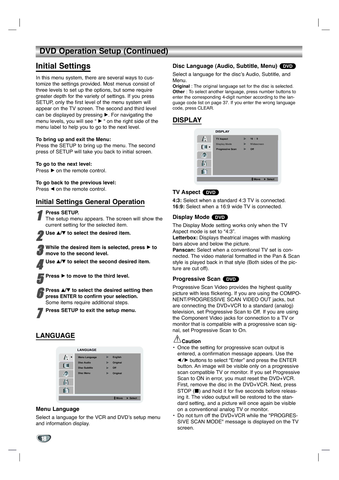 GoVideo DV3140 manual DVD Operation Setup Initial Settings, Initial Settings General Operation, Language, Display 