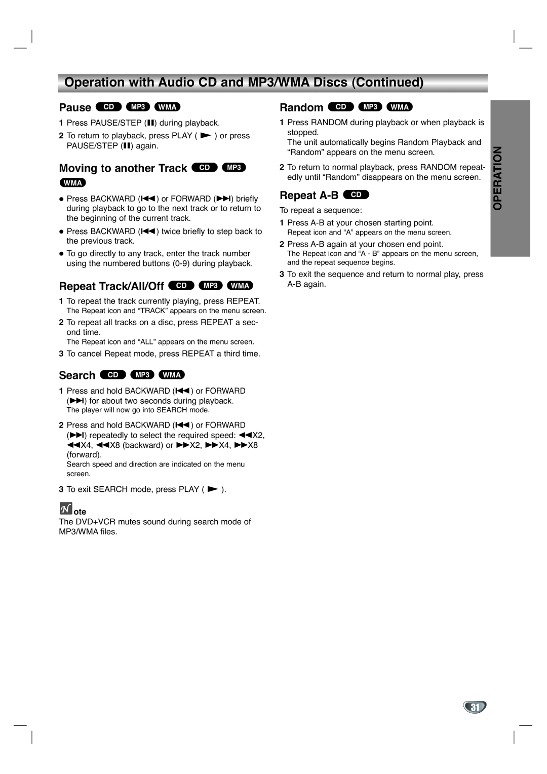 GoVideo DV3140 Operation with Audio CD and MP3/WMA Discs, Moving to another Track CD MP3, Repeat Track/All/Off CD MP3 WMA 