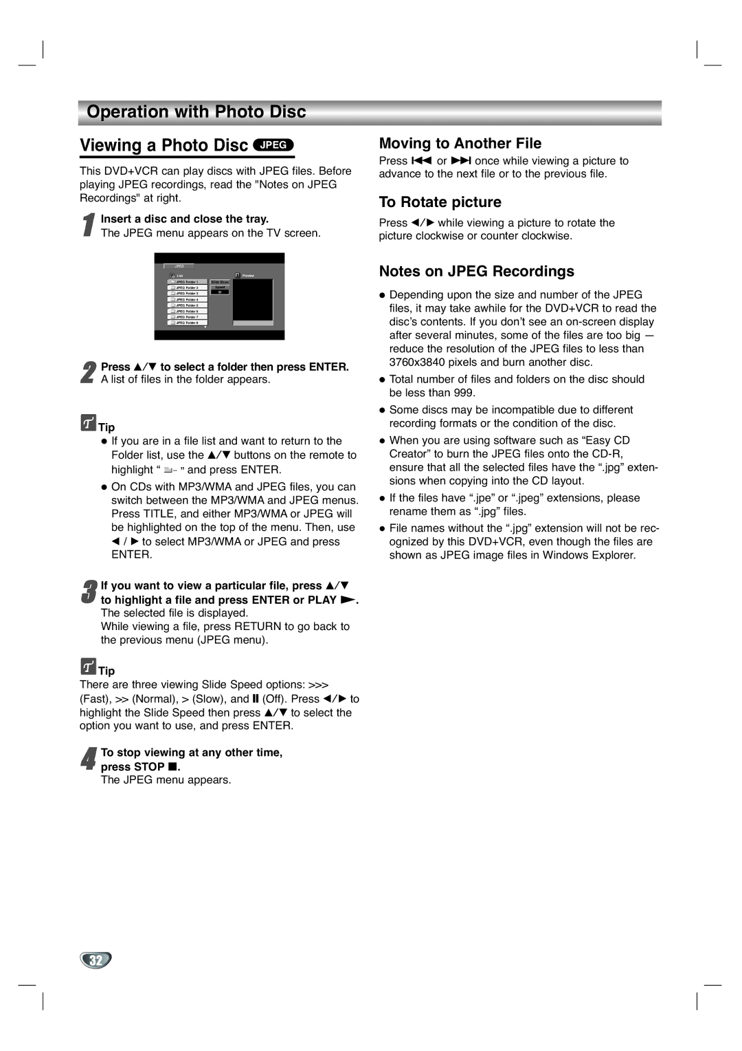 GoVideo DV3140 manual Operation with Photo Disc Viewing a Photo Disc Jpeg, Moving to Another File, To Rotate picture 