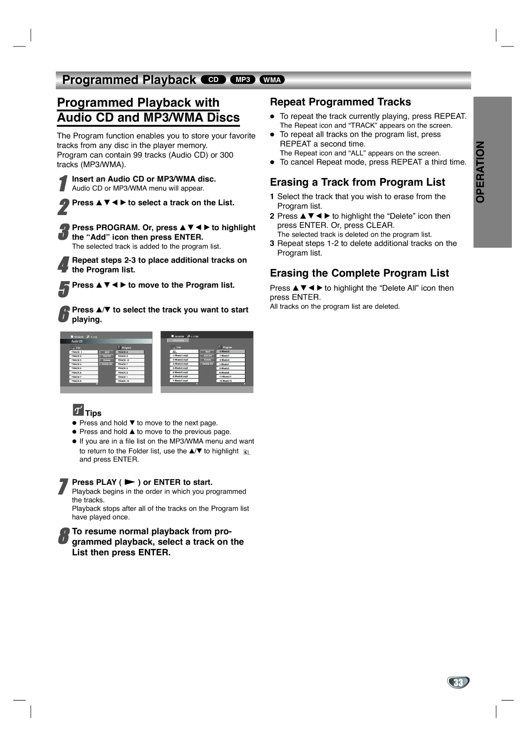 GoVideo DV3140 manual Programmed Playback CD MP3, Repeat Programmed Tracks, Erasing a Track from Program List 