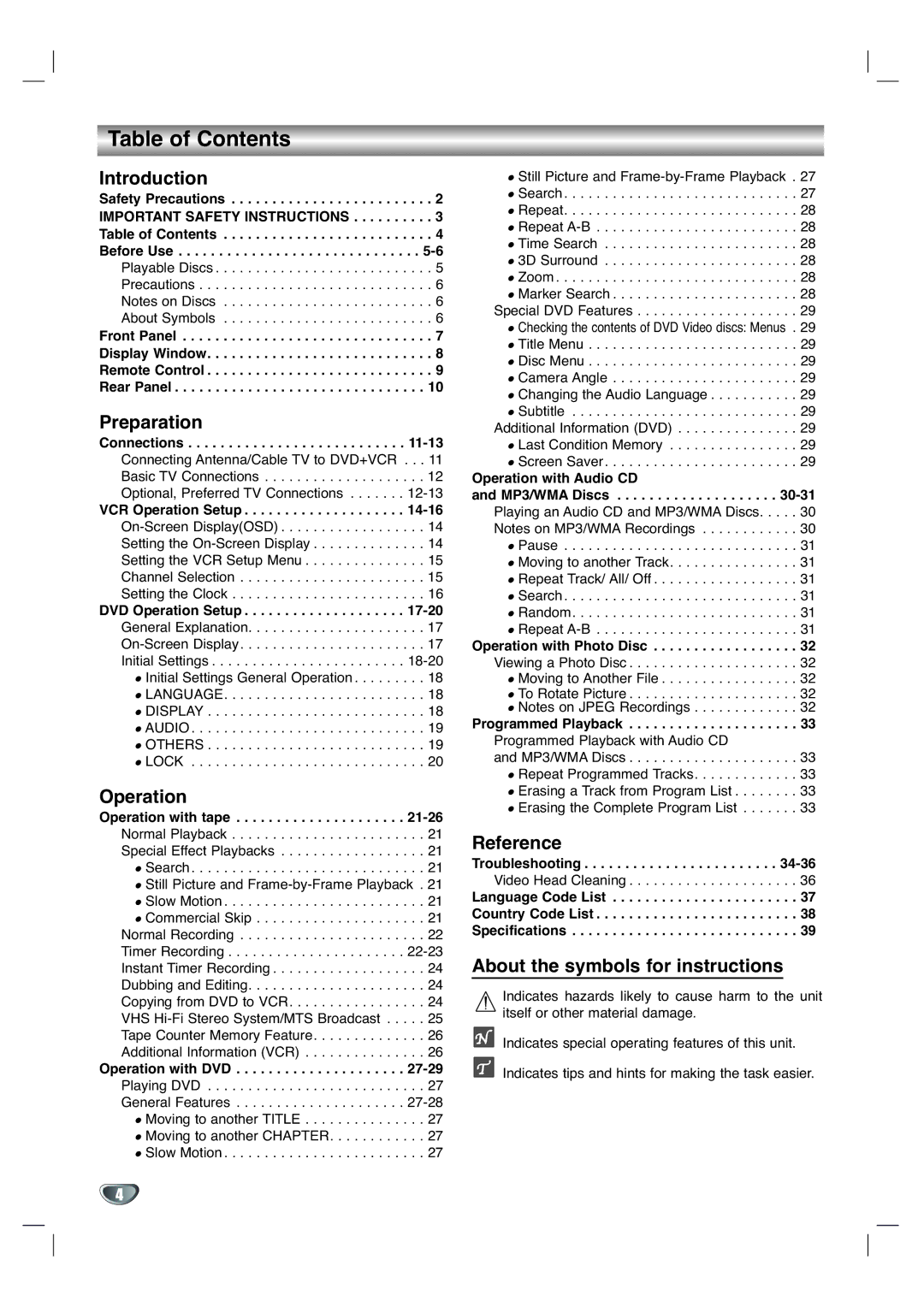 GoVideo DV3140 manual Table of Contents 