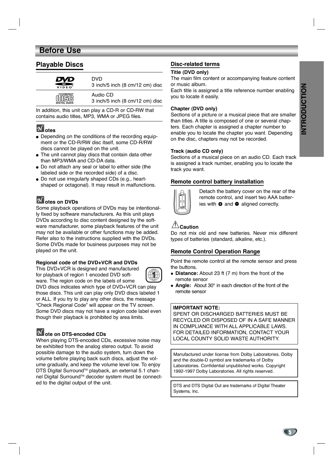 GoVideo DV3140 manual Before Use, Playable Discs, Disc-related terms, Remote control battery installation 