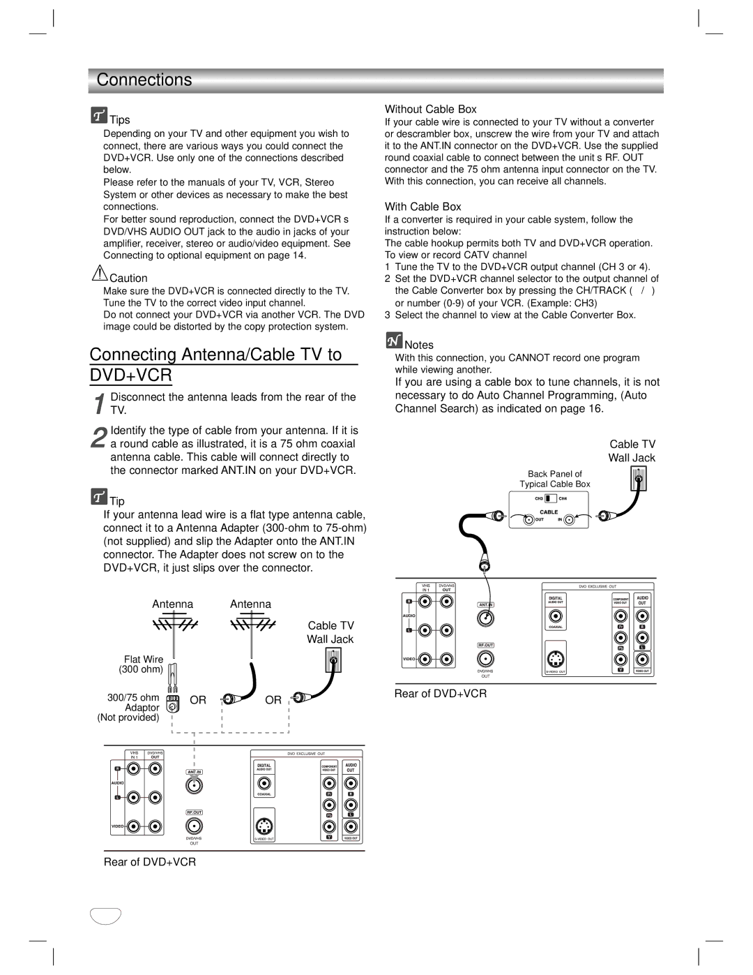 GoVideo DVD/VCR Combo manual Connections, Connecting Antenna/Cable TV to 