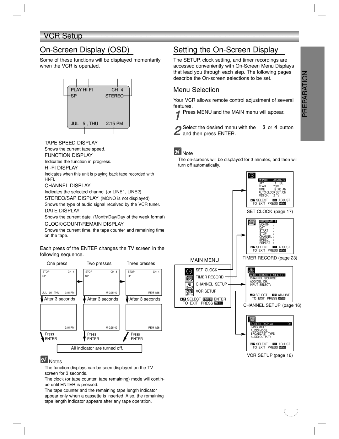 GoVideo DVD/VCR Combo manual VCR Setup On-Screen Display OSD, Setting the On-Screen Display, Menu Selection 