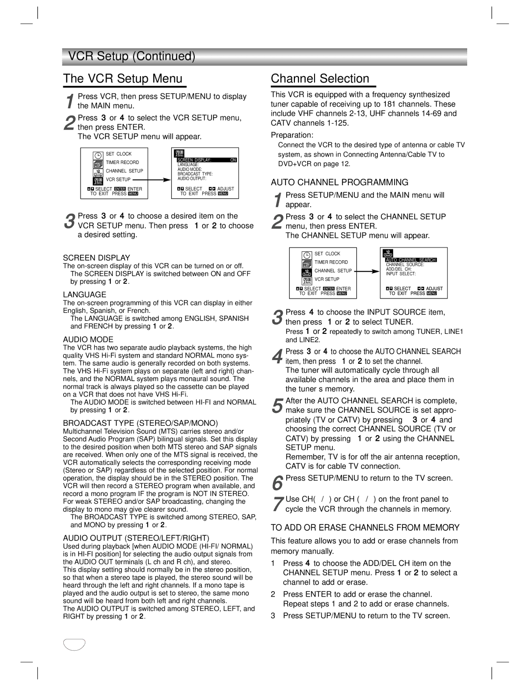 GoVideo DVD/VCR Combo manual VCR Setup VCR Setup Menu, Channel Selection, Preparation, Then press 1 or 2 to select Tuner 