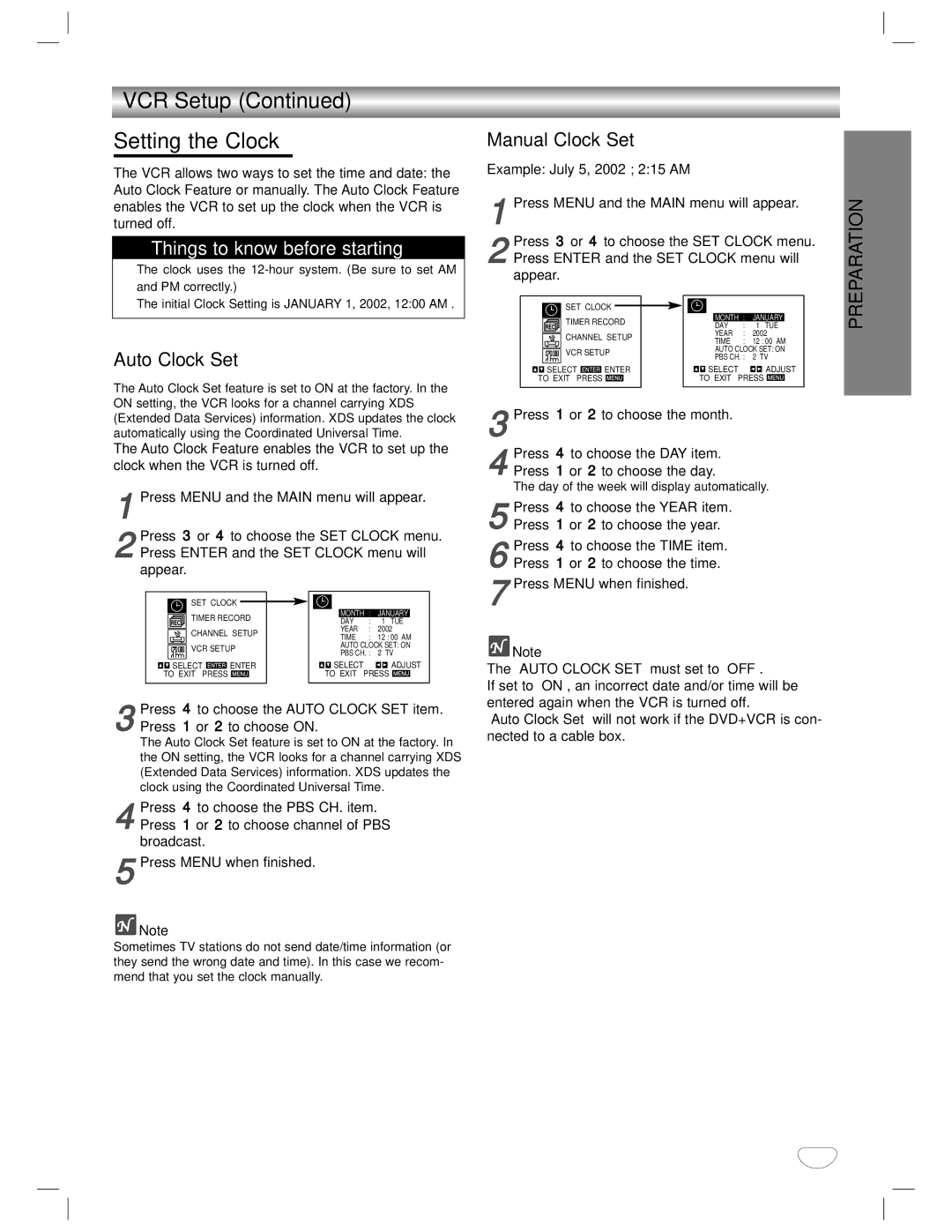 GoVideo DVD/VCR Combo manual VCR Setup Setting the Clock, Auto Clock Set, Manual Clock Set, Press 1 or 2 to choose on 