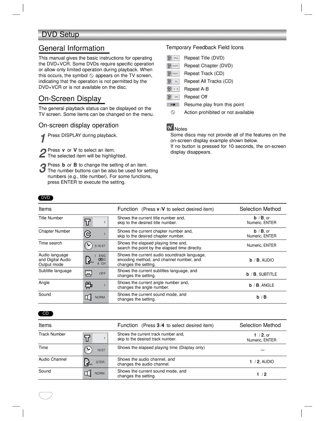 GoVideo DVD/VCR Combo manual DVD Setup General Information, On-Screen Display, On-screen display operation 