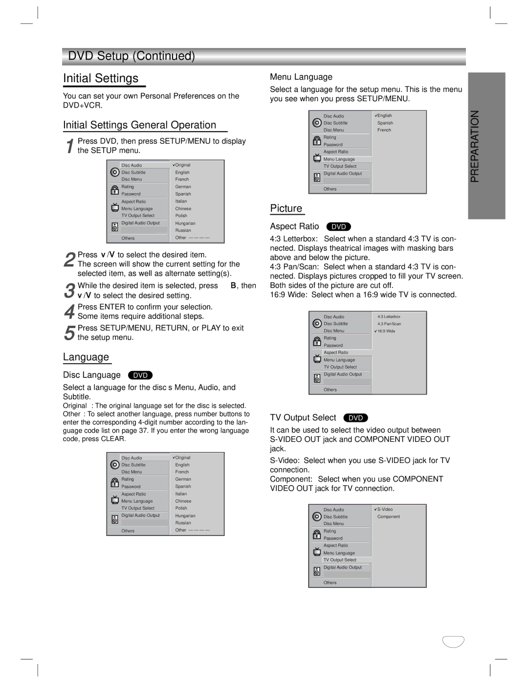 GoVideo DVD/VCR Combo manual DVD Setup Initial Settings, Initial Settings General Operation, Picture, Language 