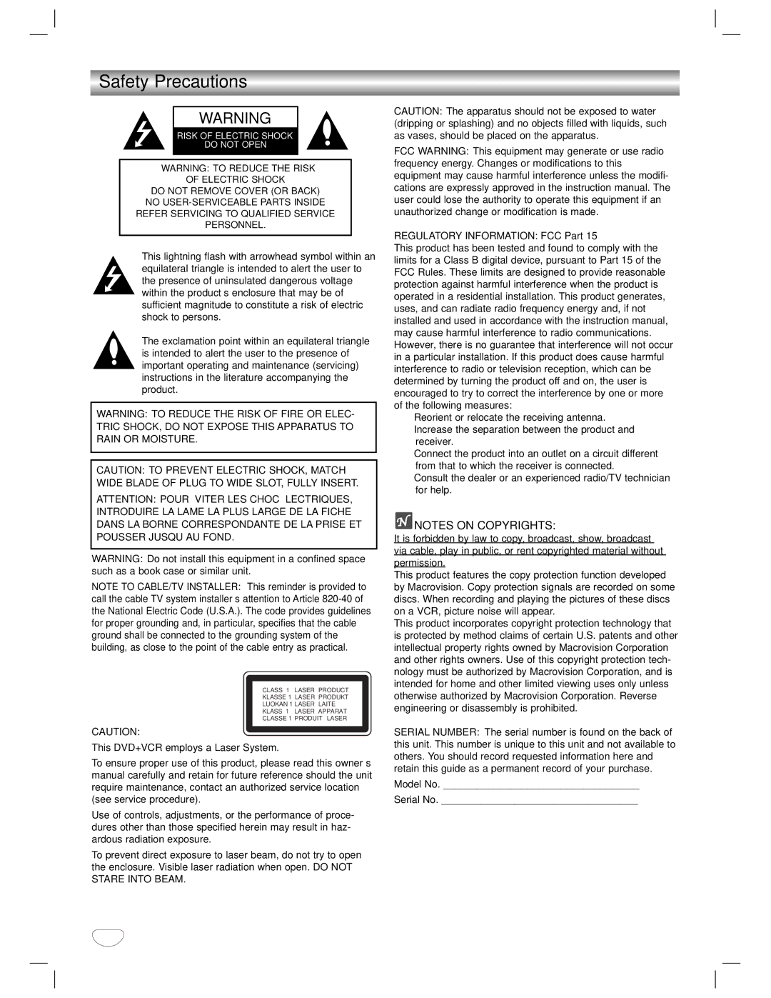 GoVideo DVD/VCR Combo manual Safety Precautions, Regulatory Information FCC Part 