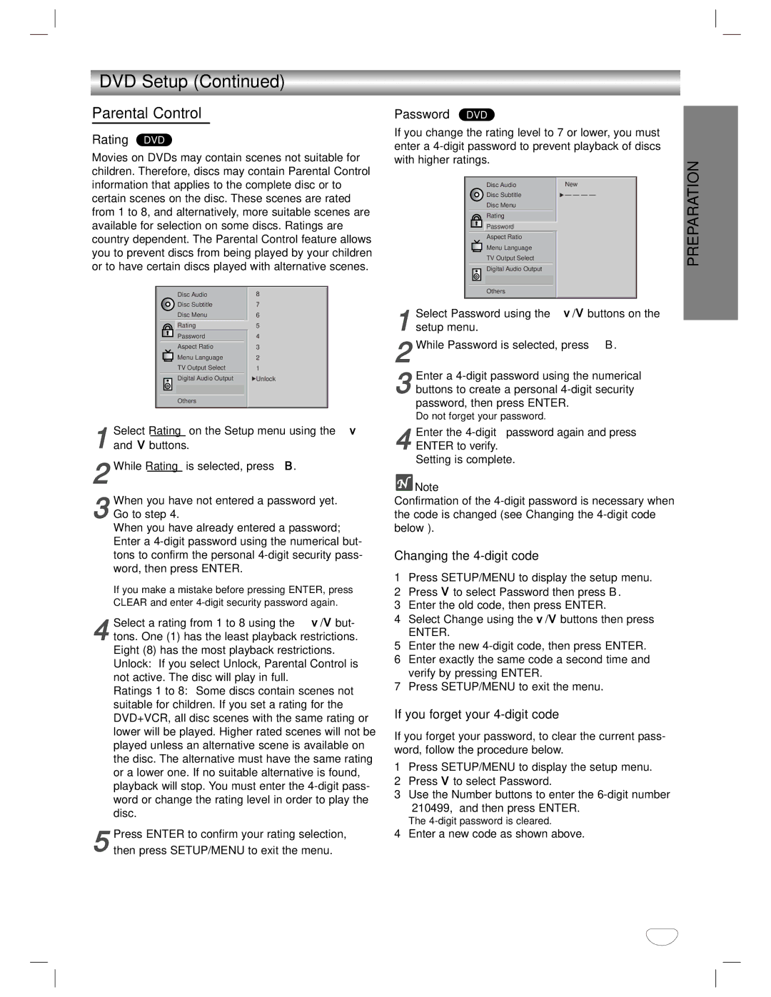 GoVideo DVD/VCR Combo manual Parental Control, Rating DVD, Password DVD, Changing the 4-digit code 