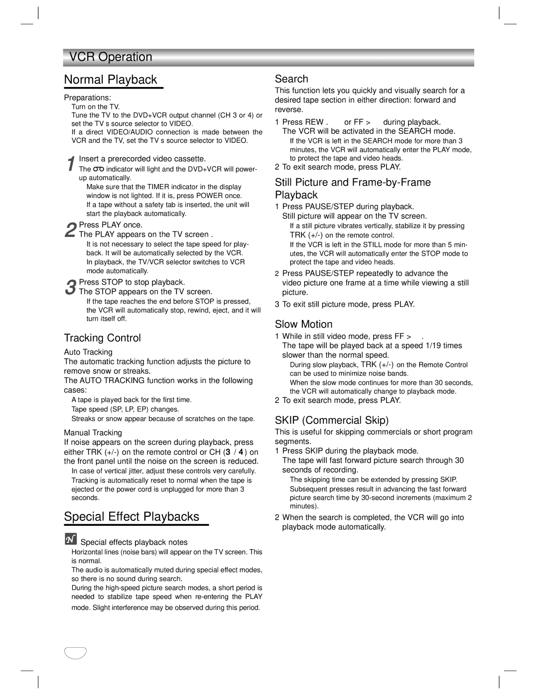 GoVideo DVD/VCR Combo manual VCR Operation Normal Playback, Special Effect Playbacks 