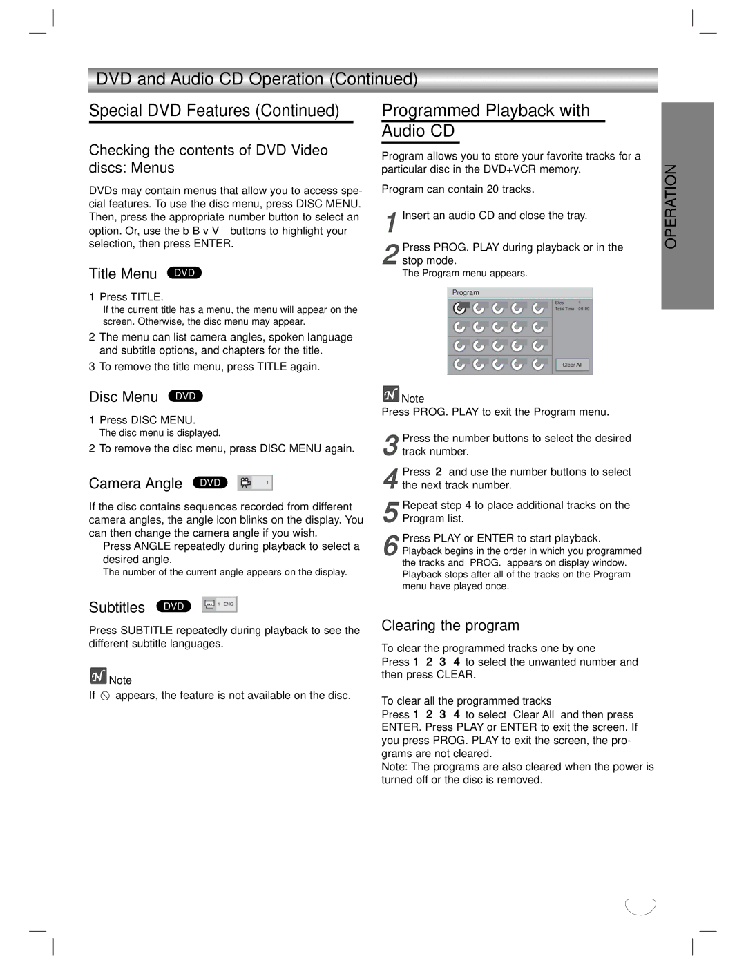 GoVideo DVD/VCR Combo manual DVD and Audio CD Operation Special DVD Features, Programmed Playback with Audio CD 