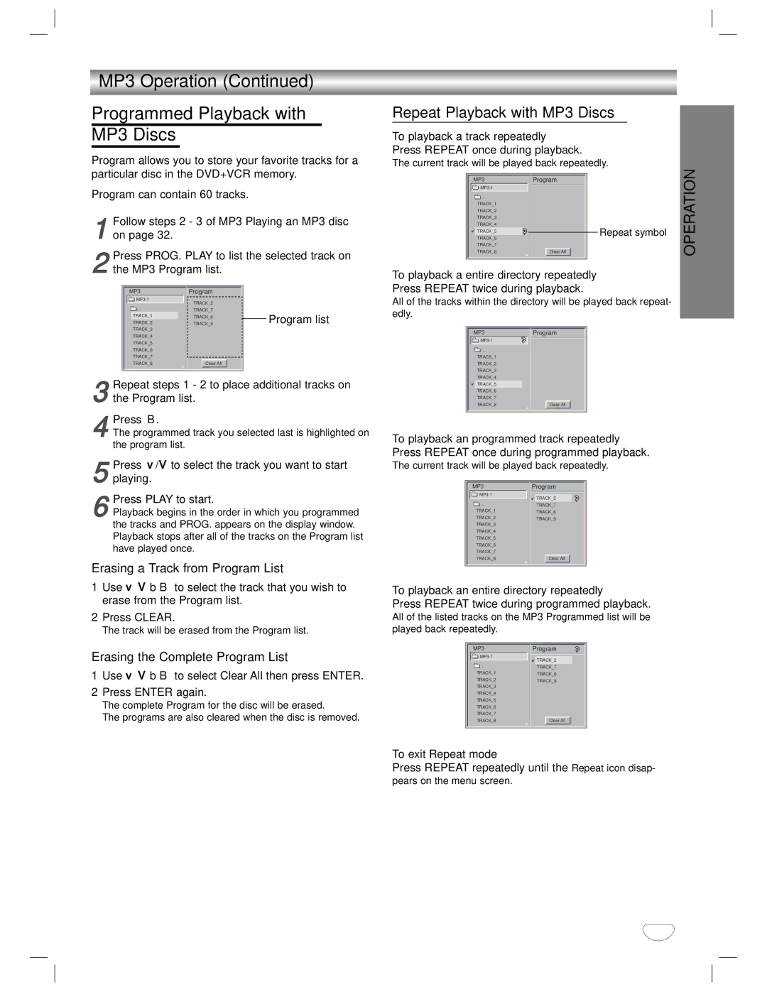 GoVideo DVD/VCR Combo manual MP3 Operation Programmed Playback with MP3 Discs, Repeat Playback with MP3 Discs 