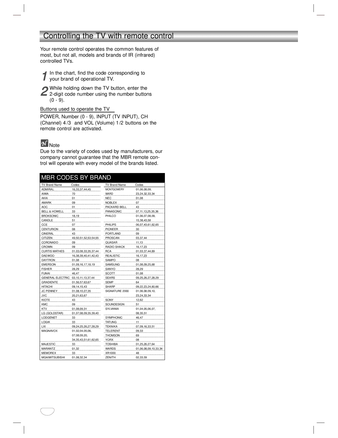 GoVideo DVD/VCR Combo manual Controlling the TV with remote control, Chart, find the code corresponding to 