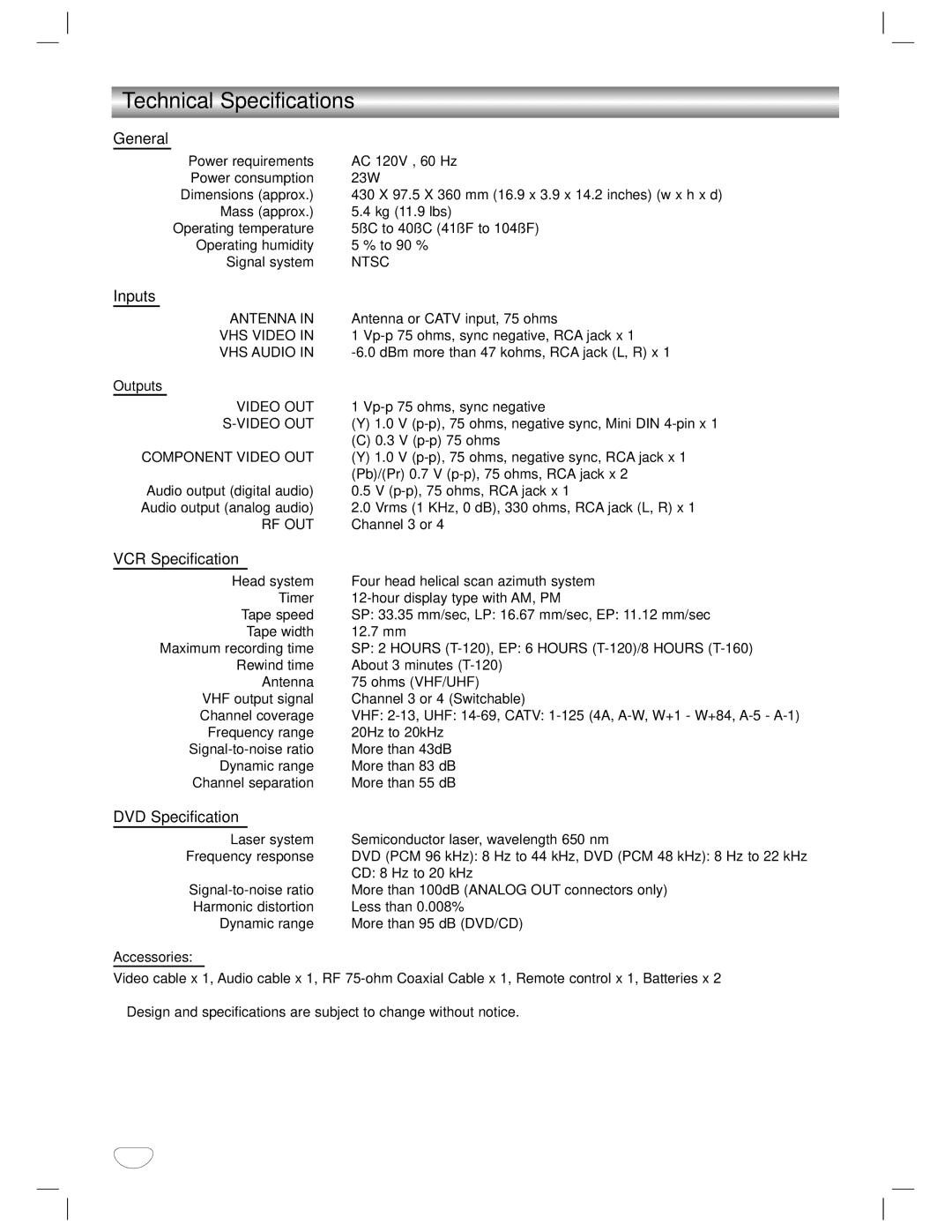 GoVideo DVD/VCR Combo manual Technical Specifications, General, Inputs, VCR Specification, DVD Specification 