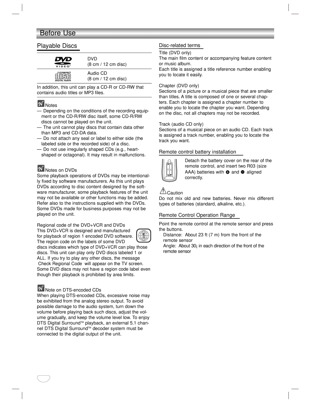 GoVideo DVD/VCR Combo manual Before Use, Playable Discs, Disc-related terms, Remote control battery installation 