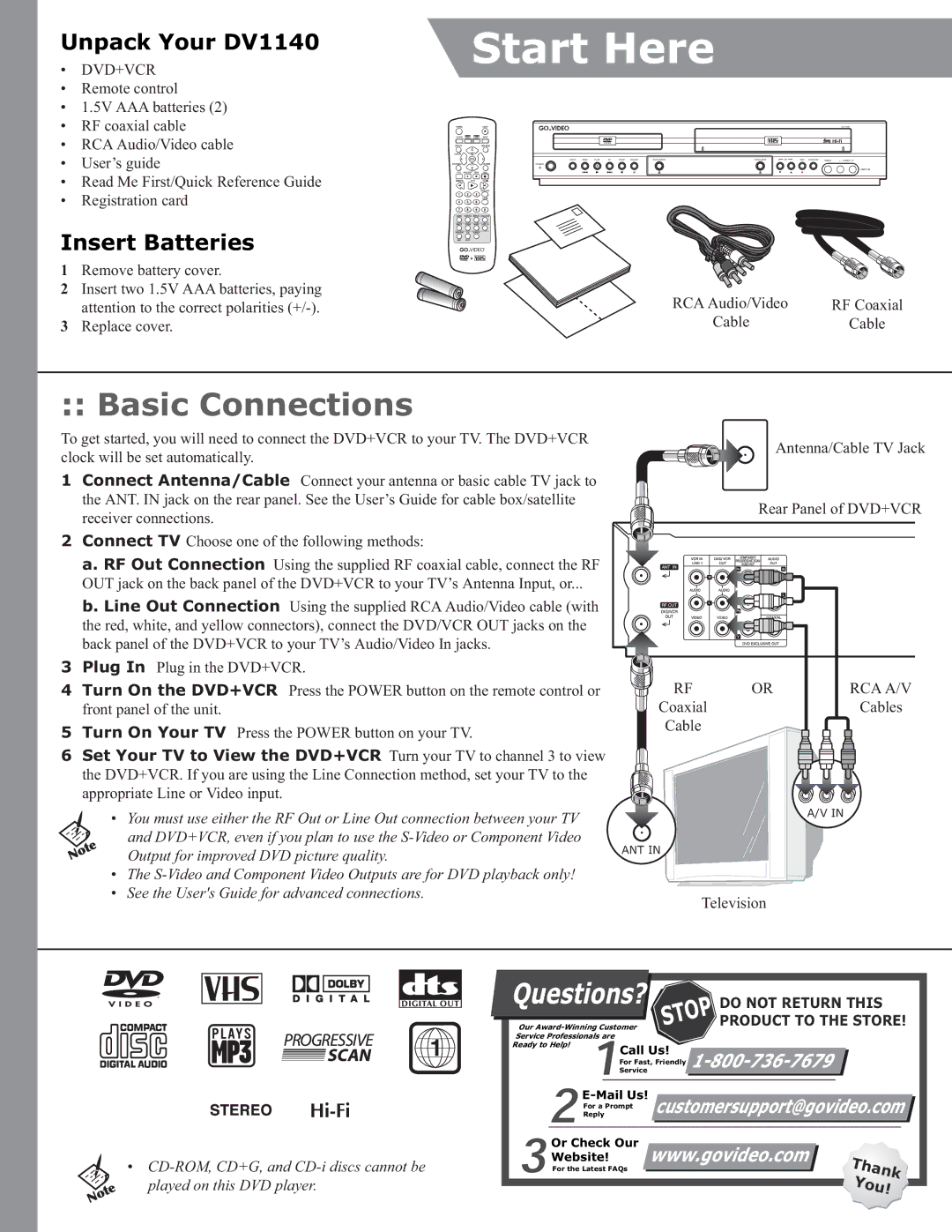 GoVideo DVD+VCR DV1140 manual Basic Connections, Unpack Your DV1140, Insert Batteries 