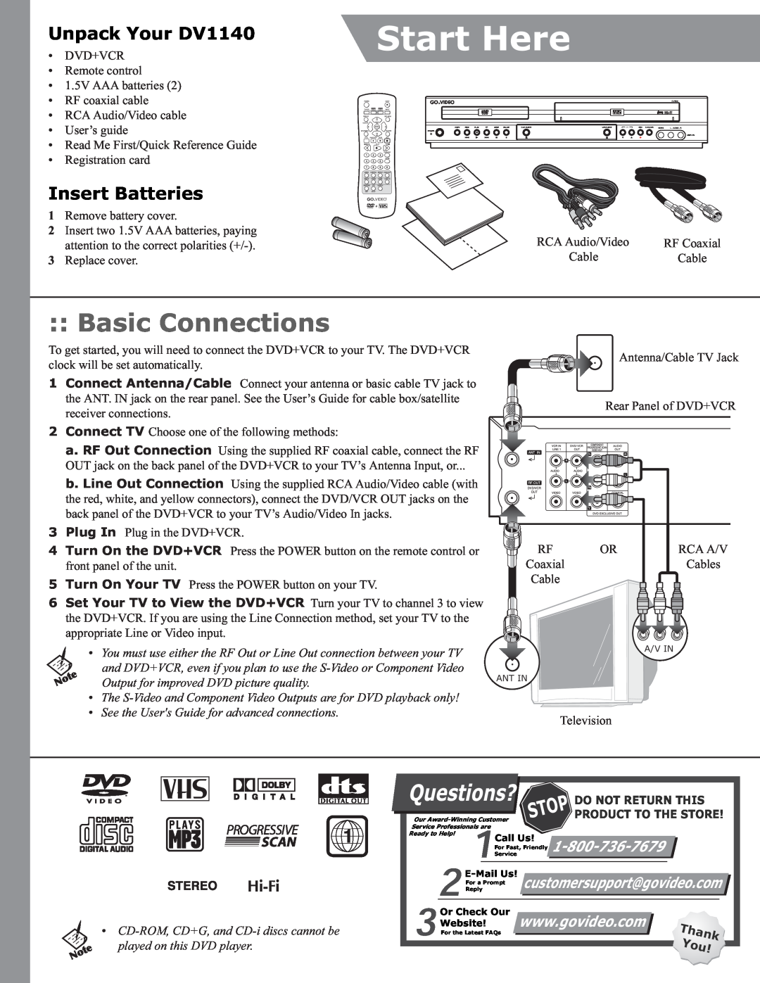 GoVideo DVD+VCR DV1140 manual Basic Connections, Unpack Your DV1140, Insert Batteries, Start Here, Questions?, Thank 