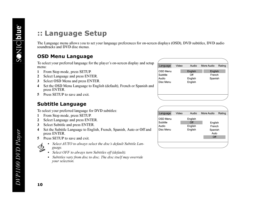 GoVideo DVP1100 manual Language Setup, OSD Menu Language, Subtitle Language 