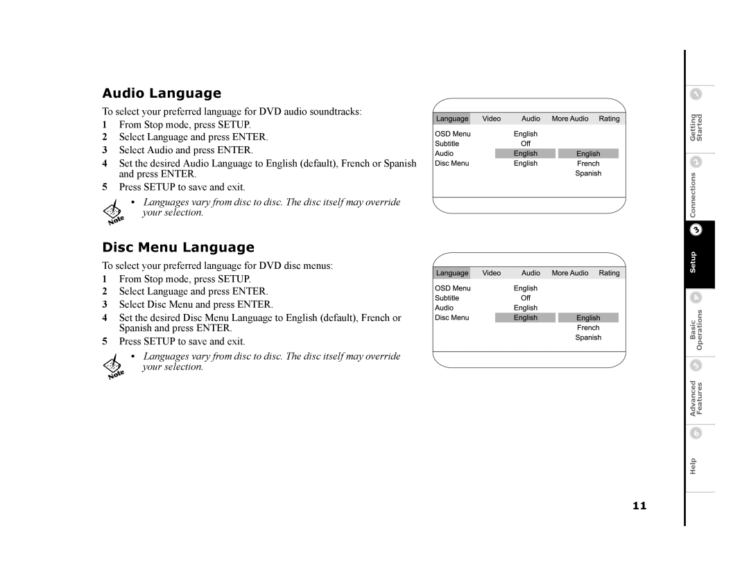 GoVideo DVP1100 manual Audio Language, Disc Menu Language 