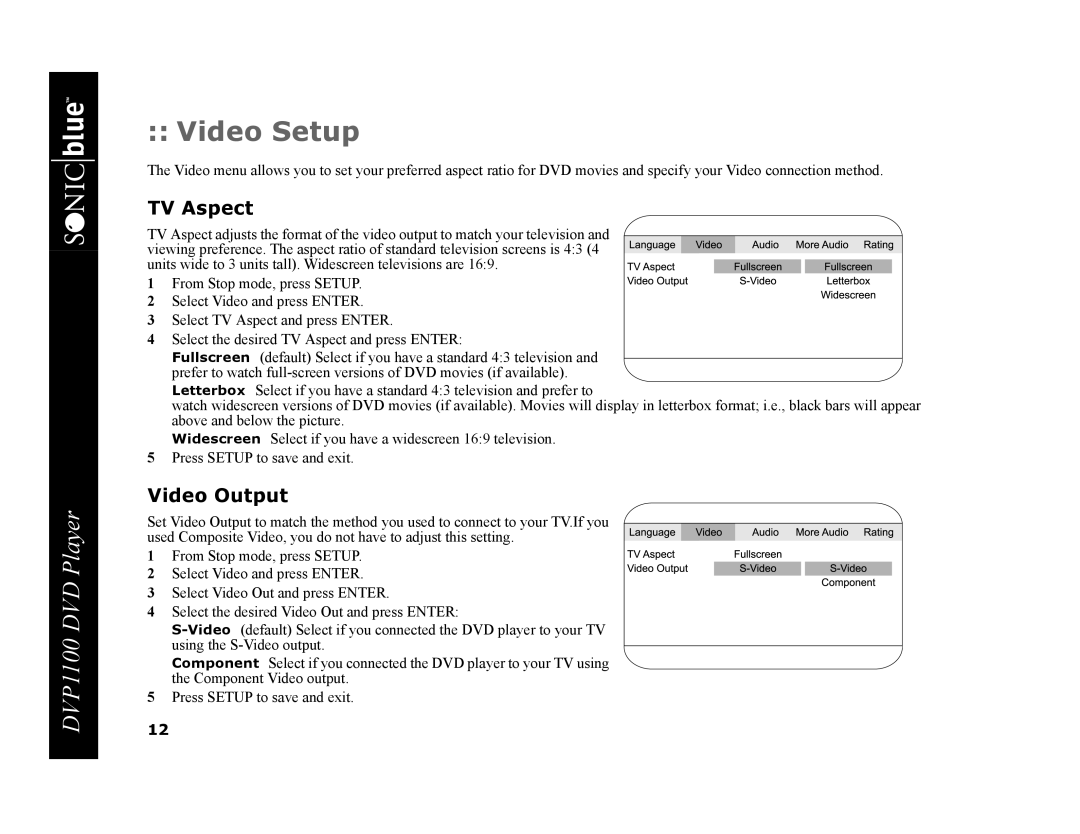 GoVideo DVP1100 manual Video Setup, TV Aspect, Video Output 