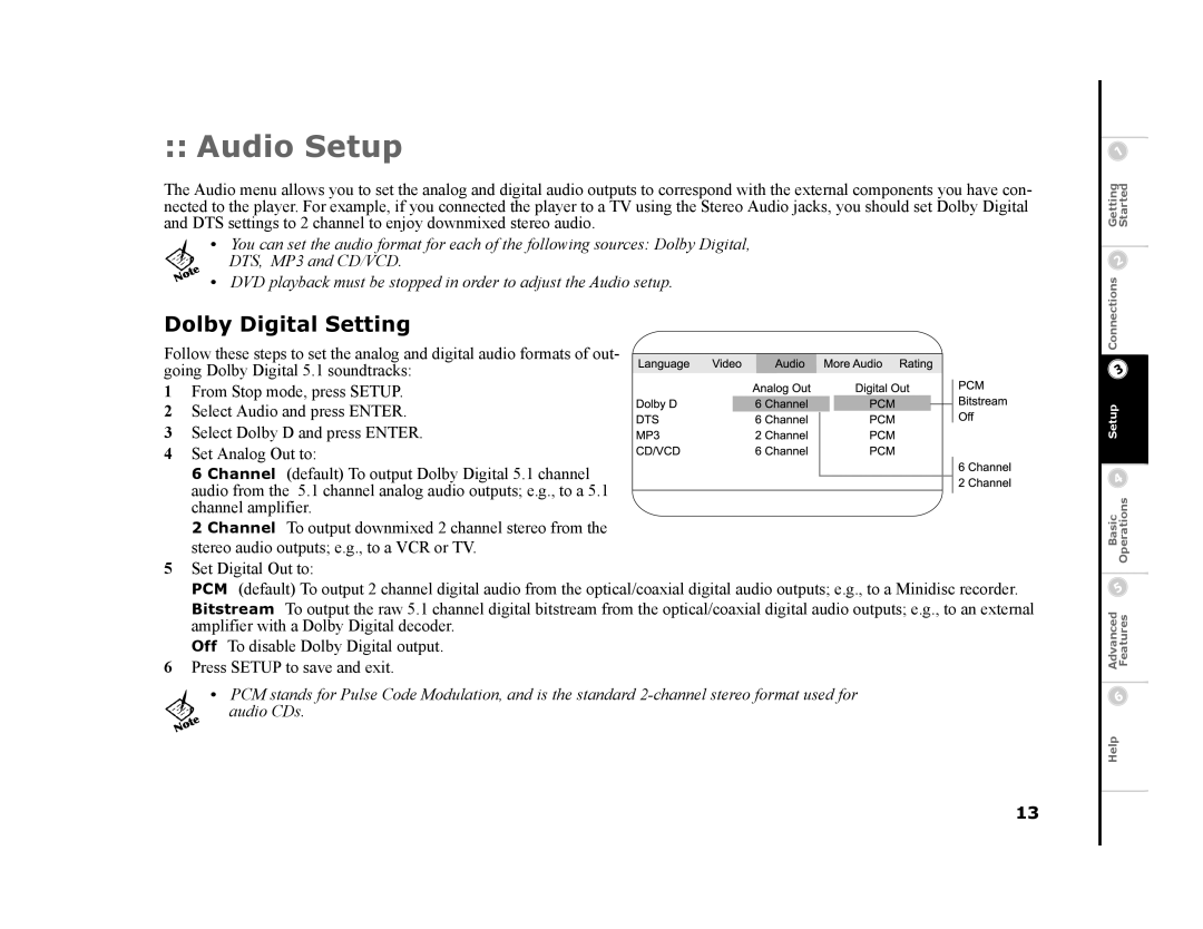 GoVideo DVP1100 manual Audio Setup, Dolby Digital Setting 