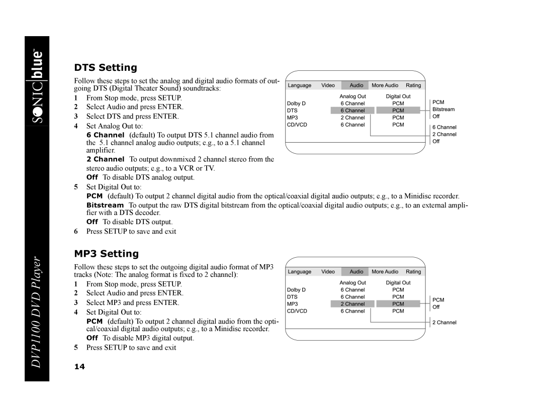 GoVideo DVP1100 manual DTS Setting, MP3 Setting 