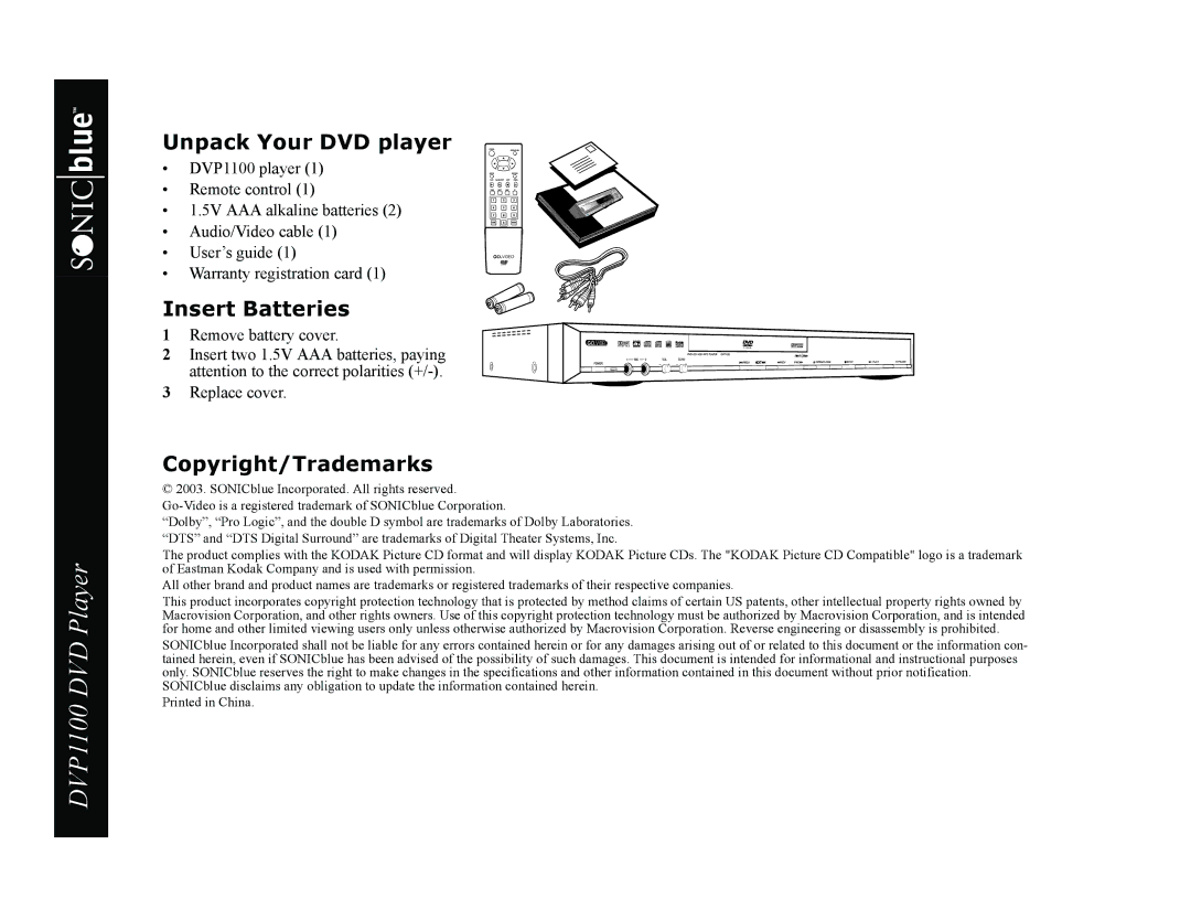 GoVideo DVP1100 manual Unpack Your DVD player, Insert Batteries, Copyright/Trademarks 