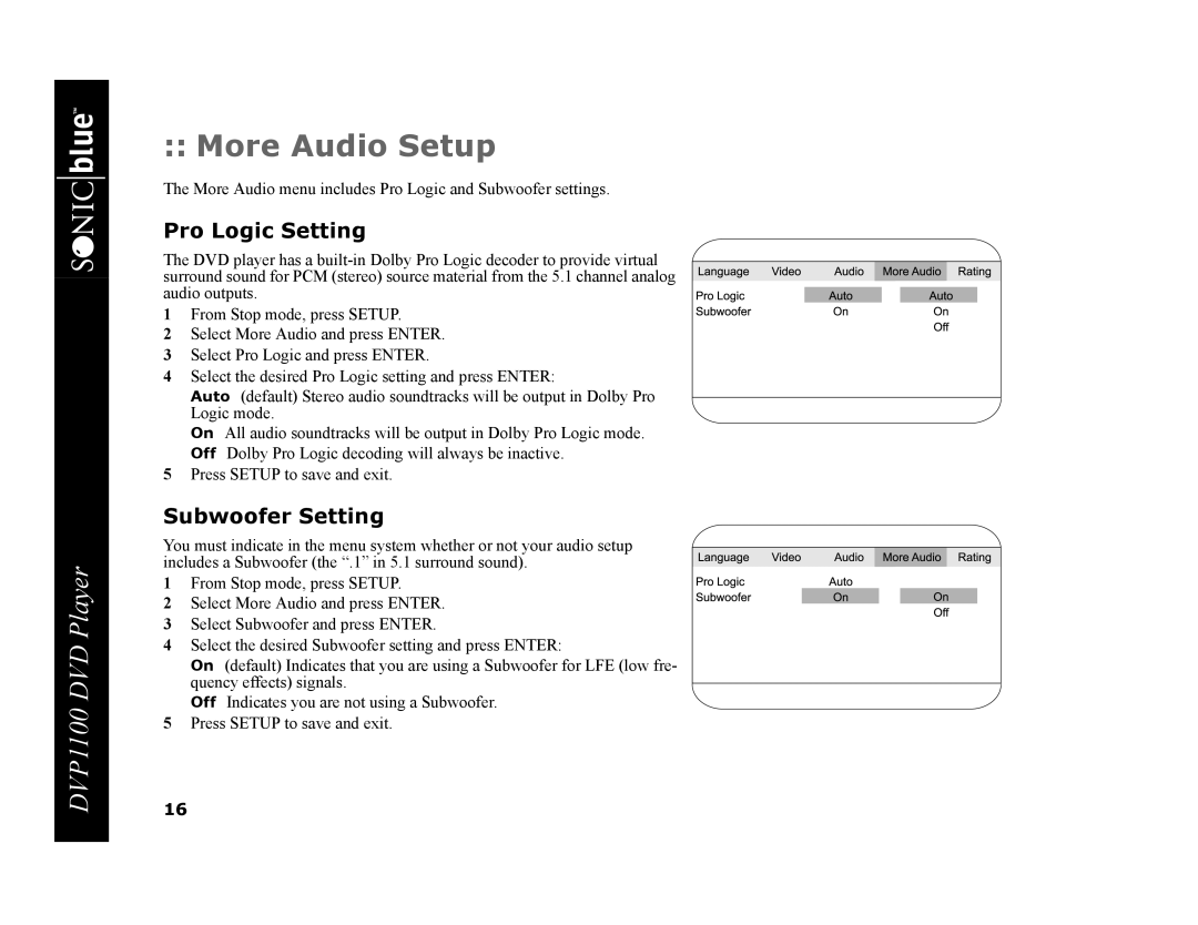 GoVideo DVP1100 manual More Audio Setup, Pro Logic Setting, Subwoofer Setting 