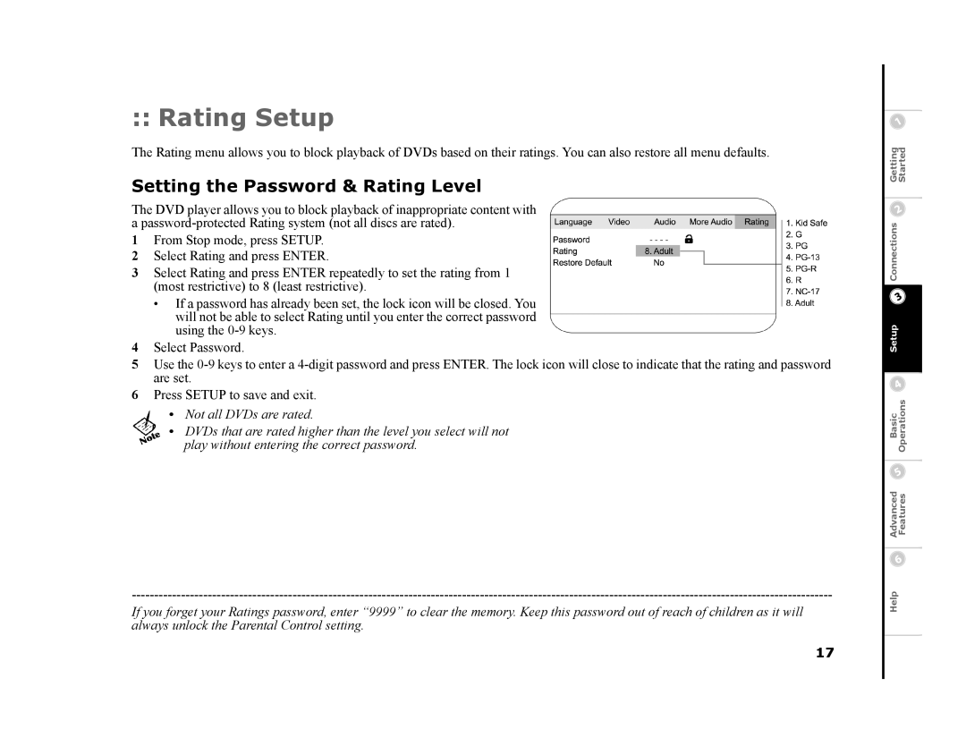 GoVideo DVP1100 manual Rating Setup, Setting the Password & Rating Level 