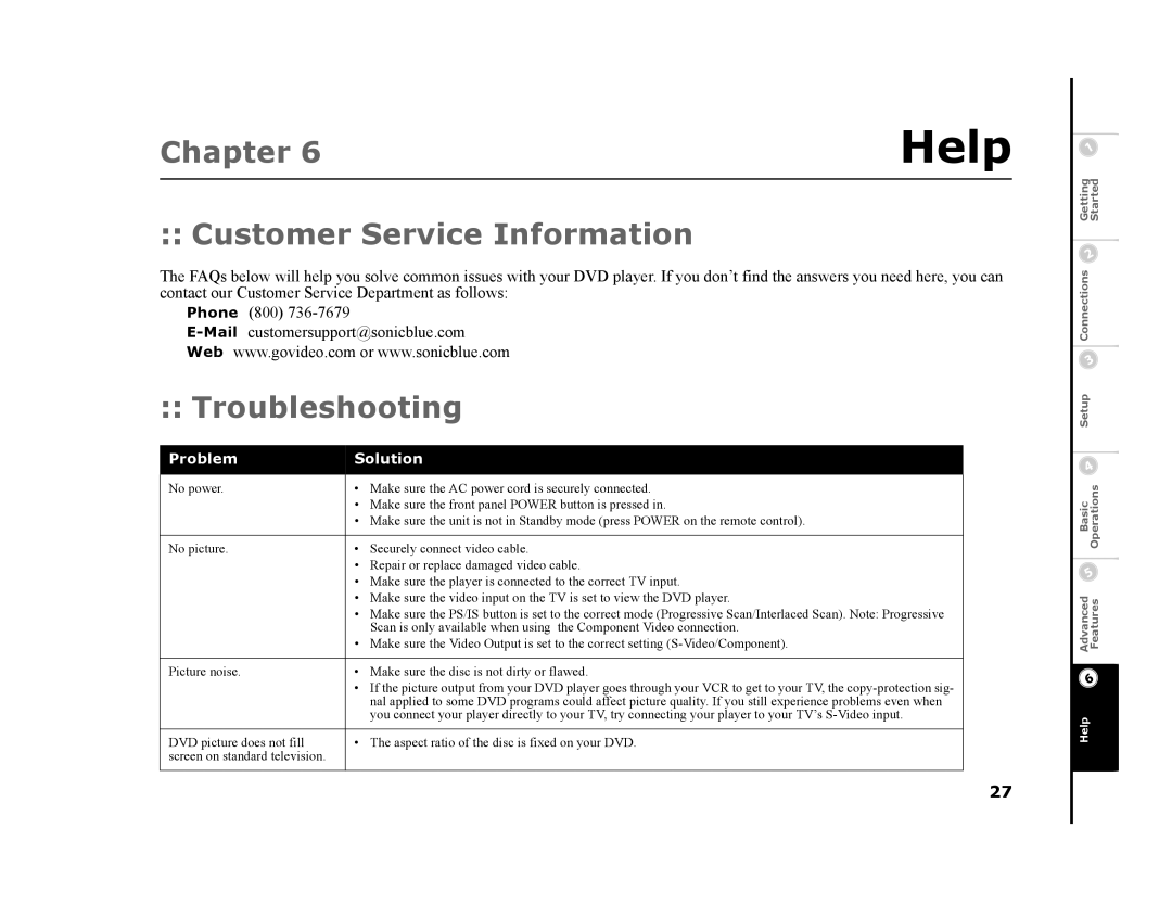 GoVideo DVP1100 manual Customer Service Information, Troubleshooting 