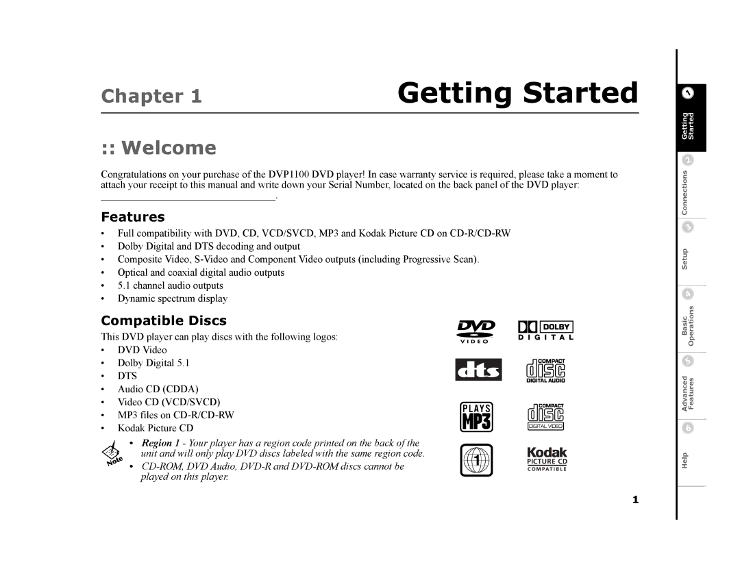 GoVideo DVP1100 manual Welcome, Features, Compatible Discs 