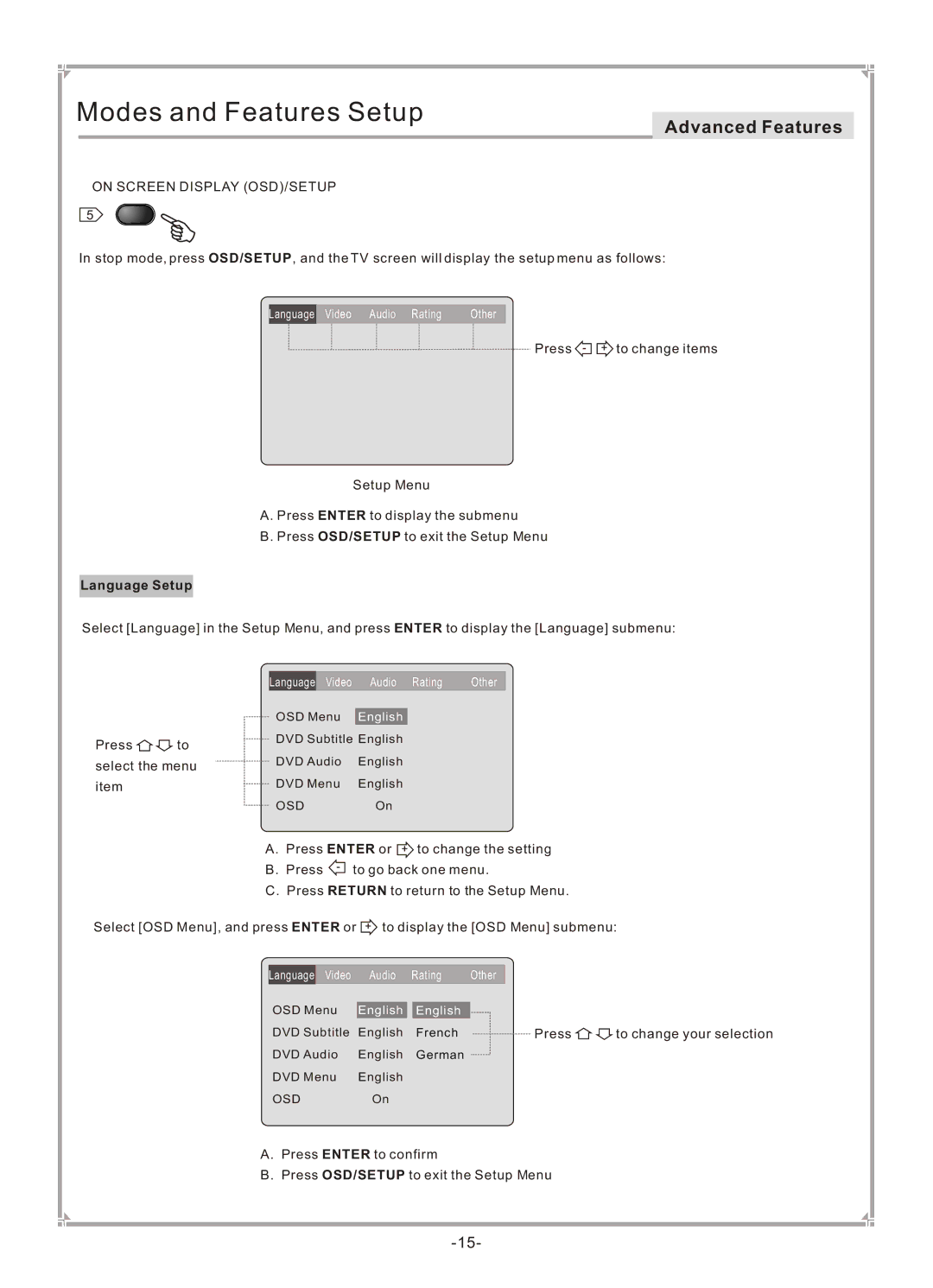 GoVideo DVP745 user manual Modes and Features Setup, On Screen Display OSD/SETUP, Language Setup 